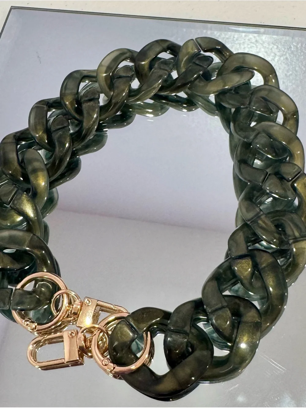 New Acrylic Glossy Camo Green Bag Chain 18 inches   withGold Hardware